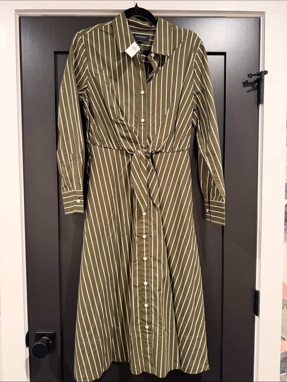 Banana Republic Olive & White Striped Tie-Waist Midi Dress
